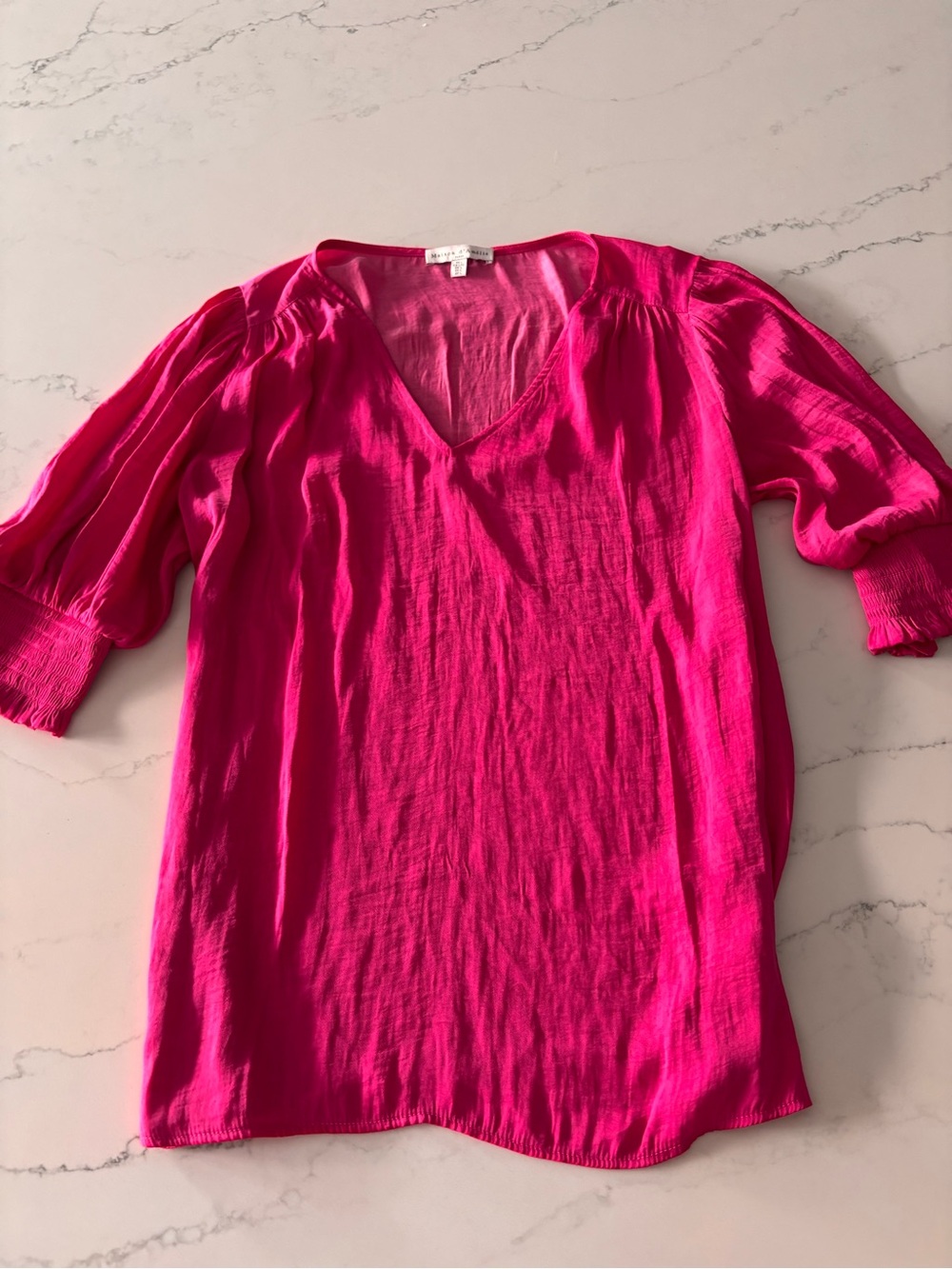 Women's V-Neck Puff Sleeve Blouse in Fuchsia - Picture 3 of 7